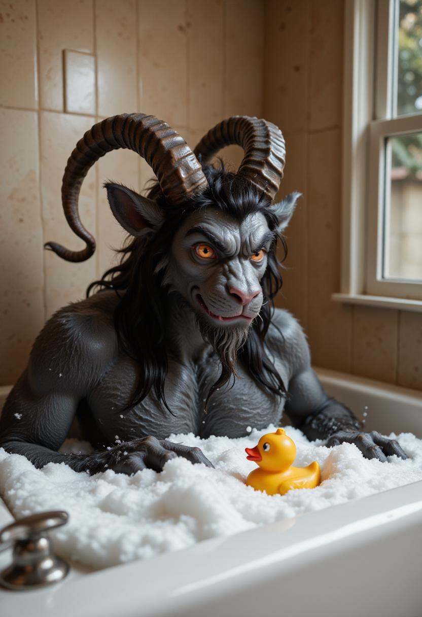 Photo of anthropomorphic gkrampus having a bubble bath in a bath tub. There is a rubber duckie in the tub as well. on Tens...