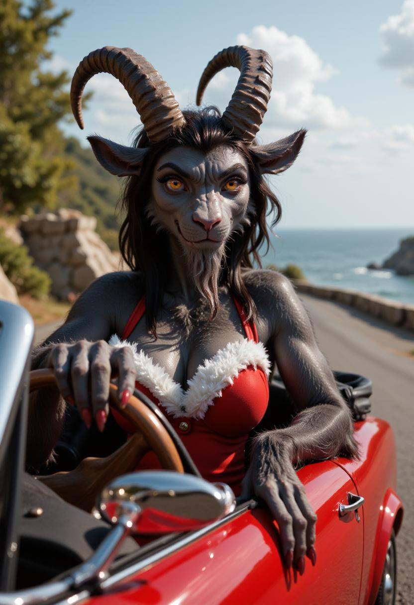 Realistic photo of anthropomorphic female gkrampus driving a fancy convertible car on a sunny day on Tensor.Art