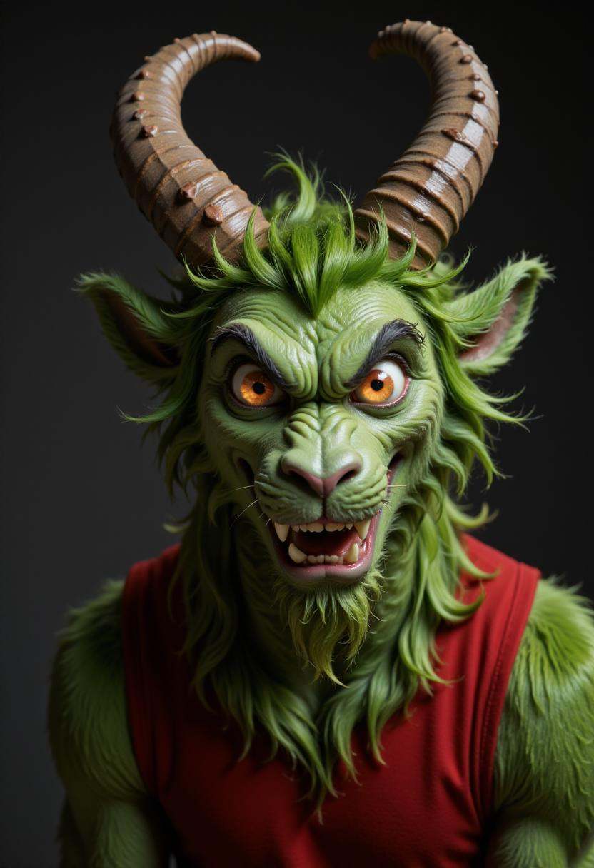 Cartoon face portrait of anthropomorphic gkrampus with green fur like the Grinch,  looking angry on Tensor.Art