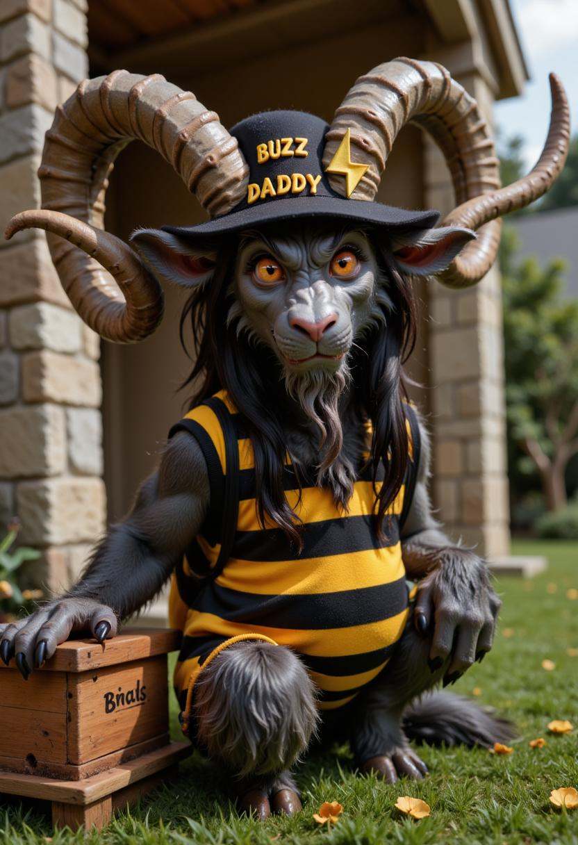 Photo of anthropomorphic gkrampus wearing a bee costume,  next to a beehive outside,  with a hat that says "BUZZ DADDY" wi...