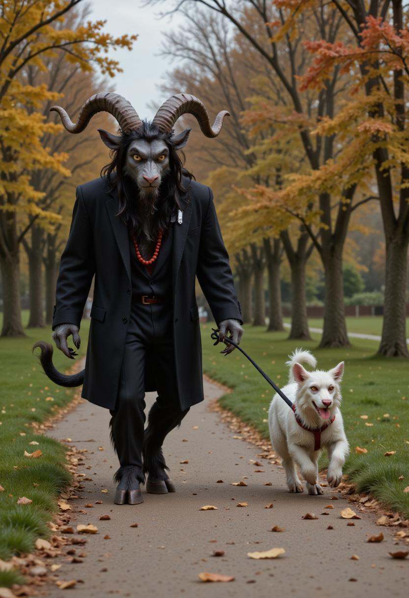 Photo of anthropomorphic gkrampus walking a dog on a leash in a park. on Tensor.Art