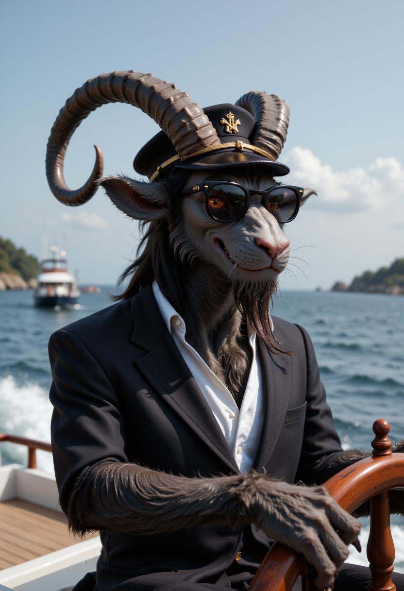 Realistic photo of anthropomorphic gkrampus wearing a ship captains hat and sunglasses,  steering a yacht on the ocean. on...