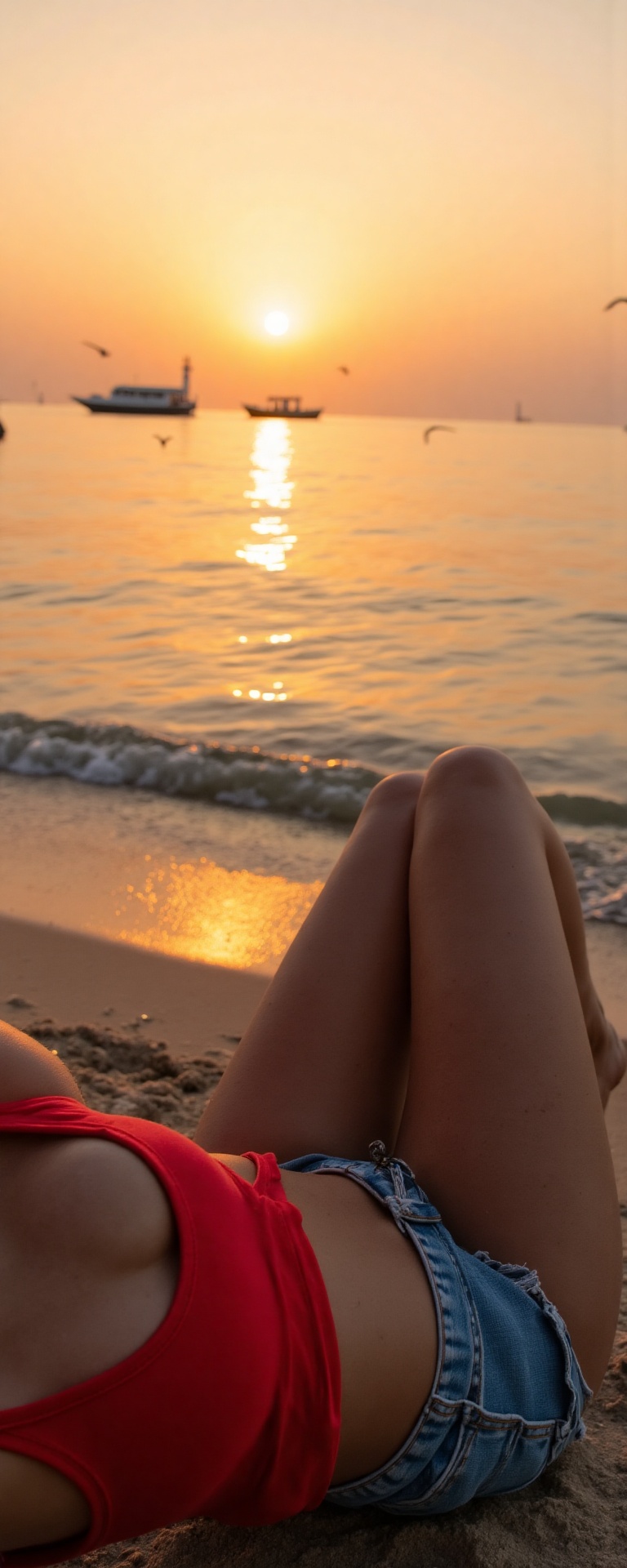 A warm sunset glows softly over a serene beach scene: a woman lounges on the sandy shore,  her toned legs extended in a le...