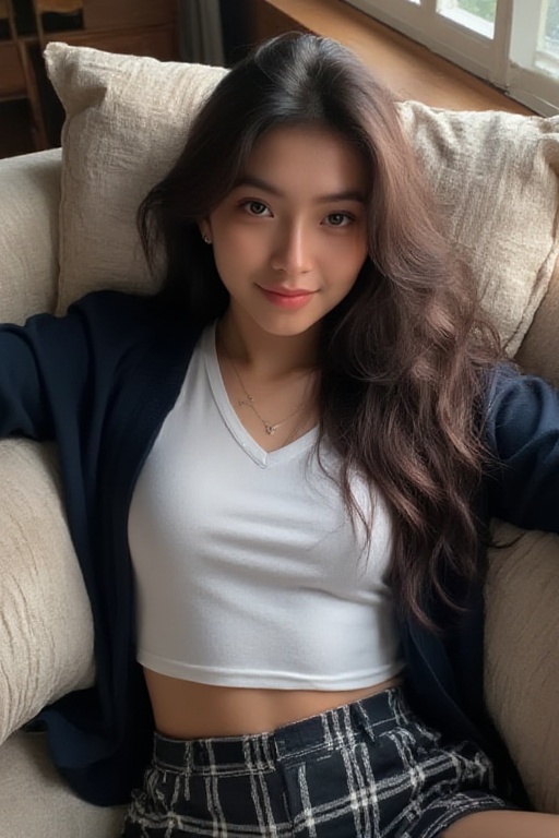 A close-up overhead shot of a stylish girl reclining effortlessly on a plush sofa,  her long,  flowing hair styled in soft...