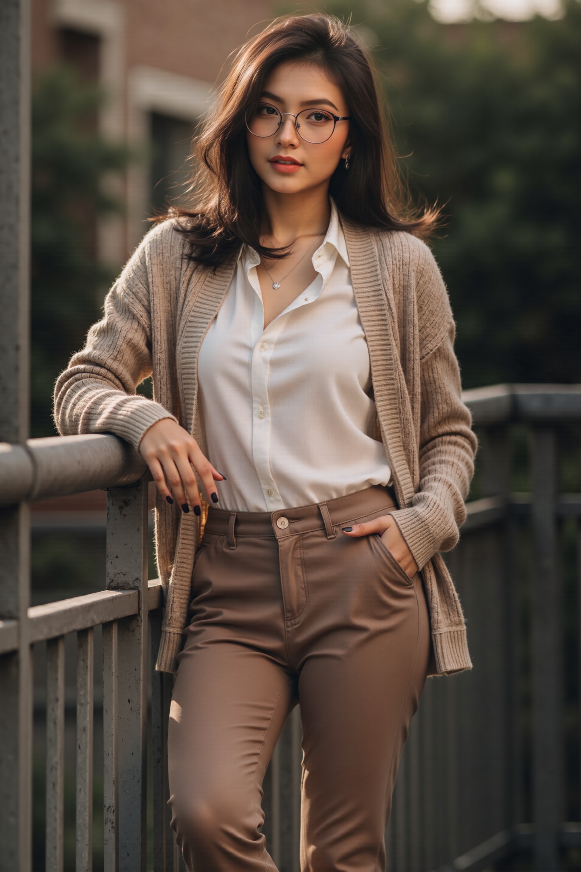 A photorealistic portrait of a woman with medium-length brown hair,  wearing a white shirt,  brown pants on Tensor.Art