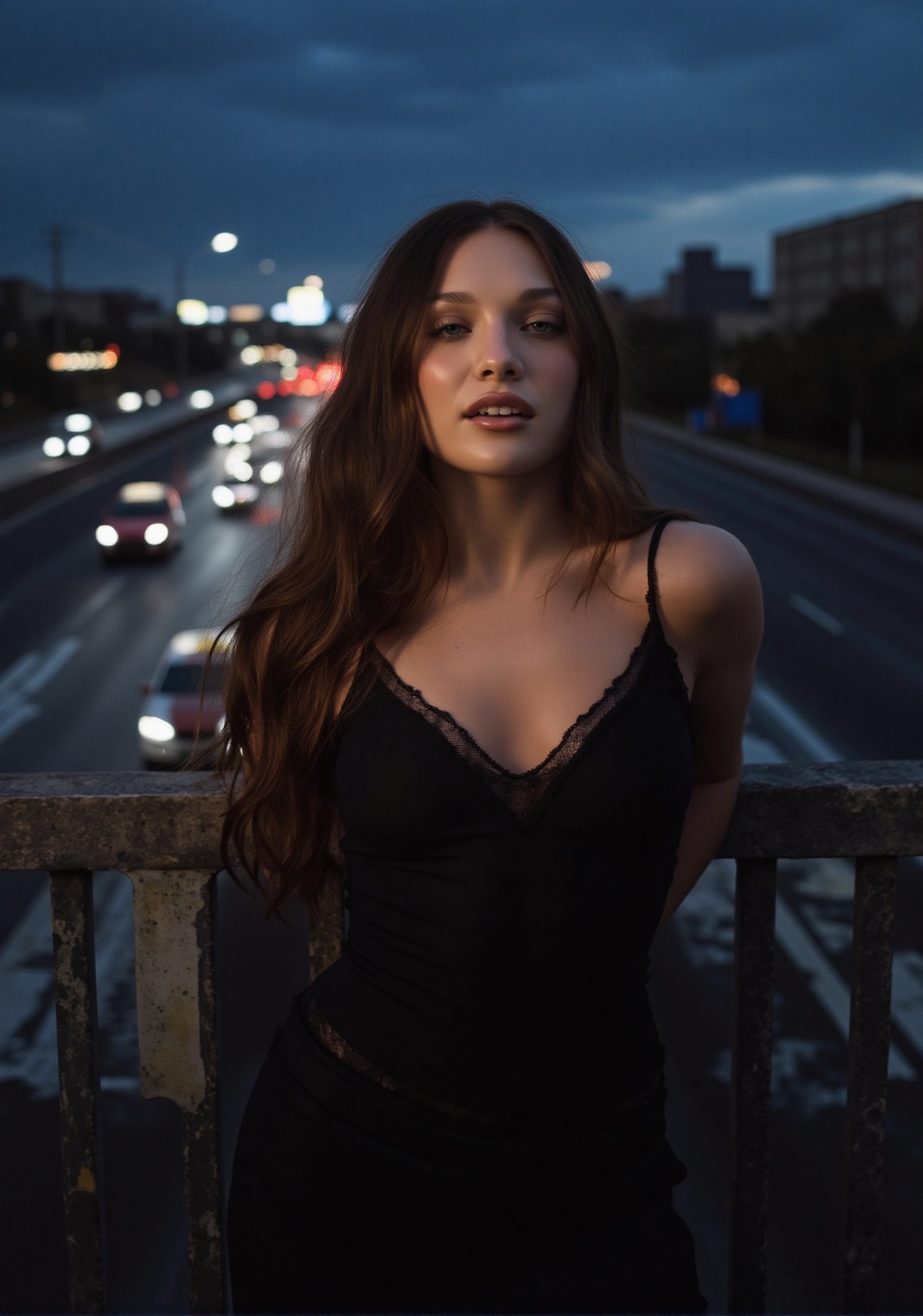 A moody cityscape at dusk: HDR,  Maddie Ziegler in a black lace-trimmed top,  her flowing hair illuminated by the soft glo...