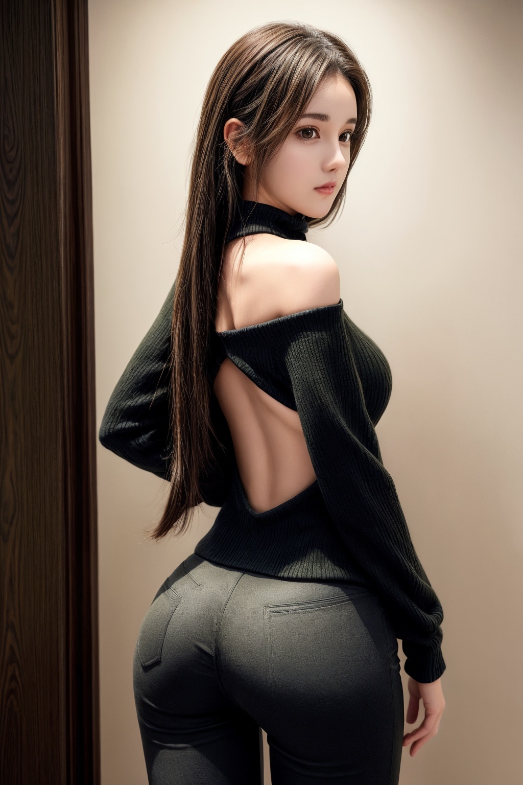 A medium shot of a stunning woman set against a dark,  mysterious background. Her long,  rich brown hair cascades down her...