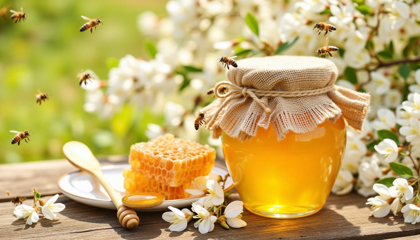 The glass jar full of acacia bright honey with a pretty sackcloth lid,  standing on the outdoor wooden stall stand at the...