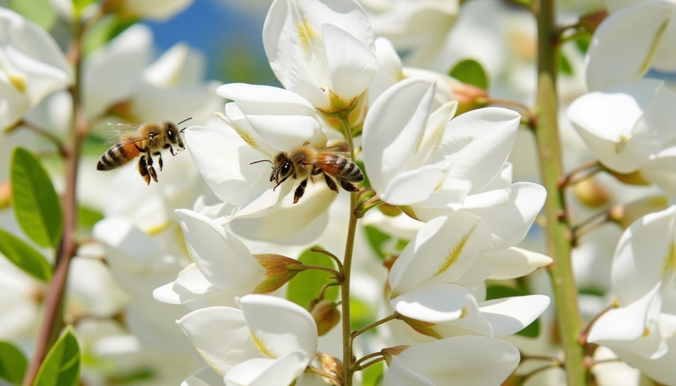 Blooming white acacia and bee flying around and sitting in the acacia flower,  behive enter on Tensor.Art
