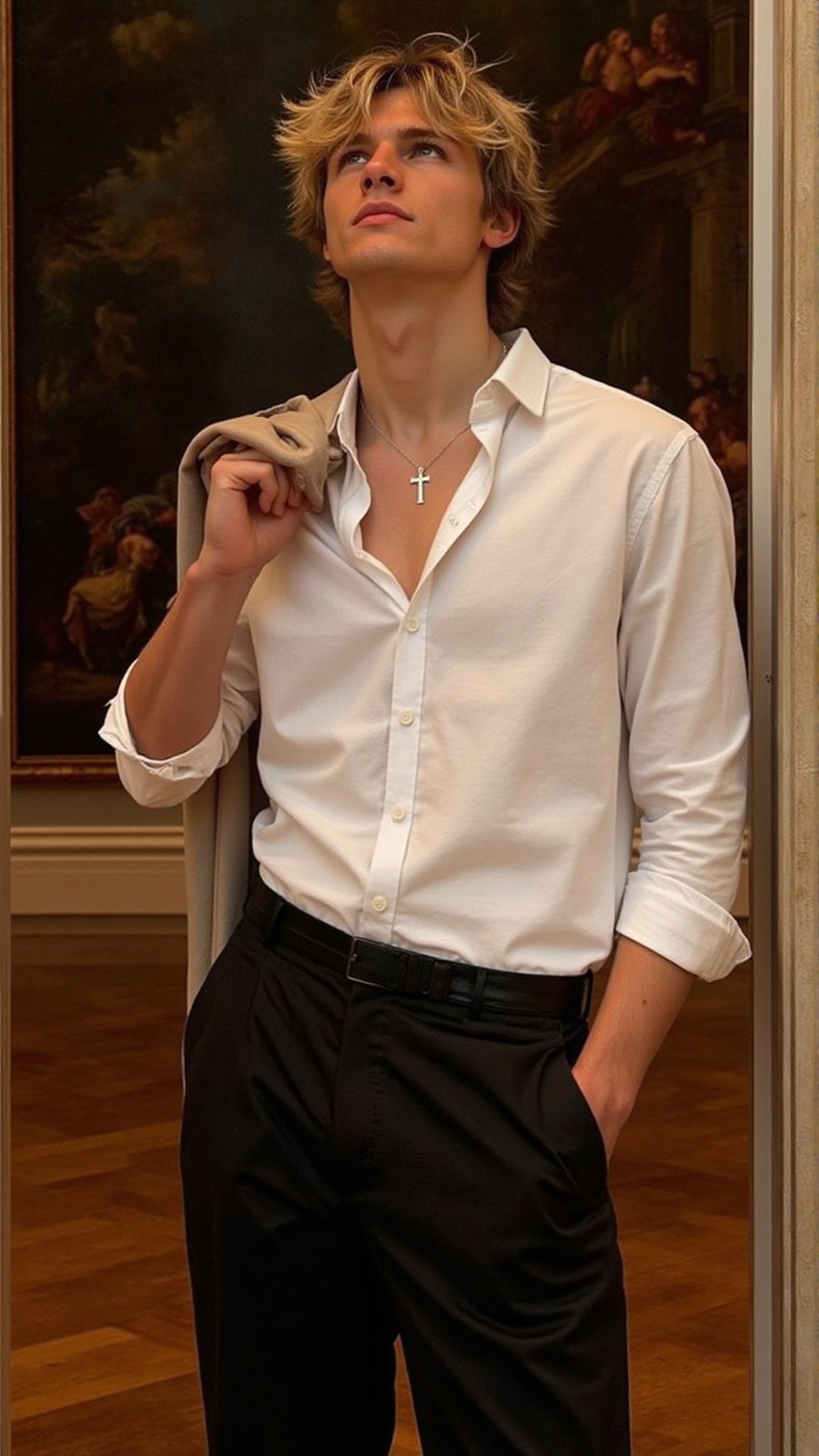 A stylish young man with tousled blonde hair gazes upward with a dreamy expression. He wears a crisp white button-down shi...