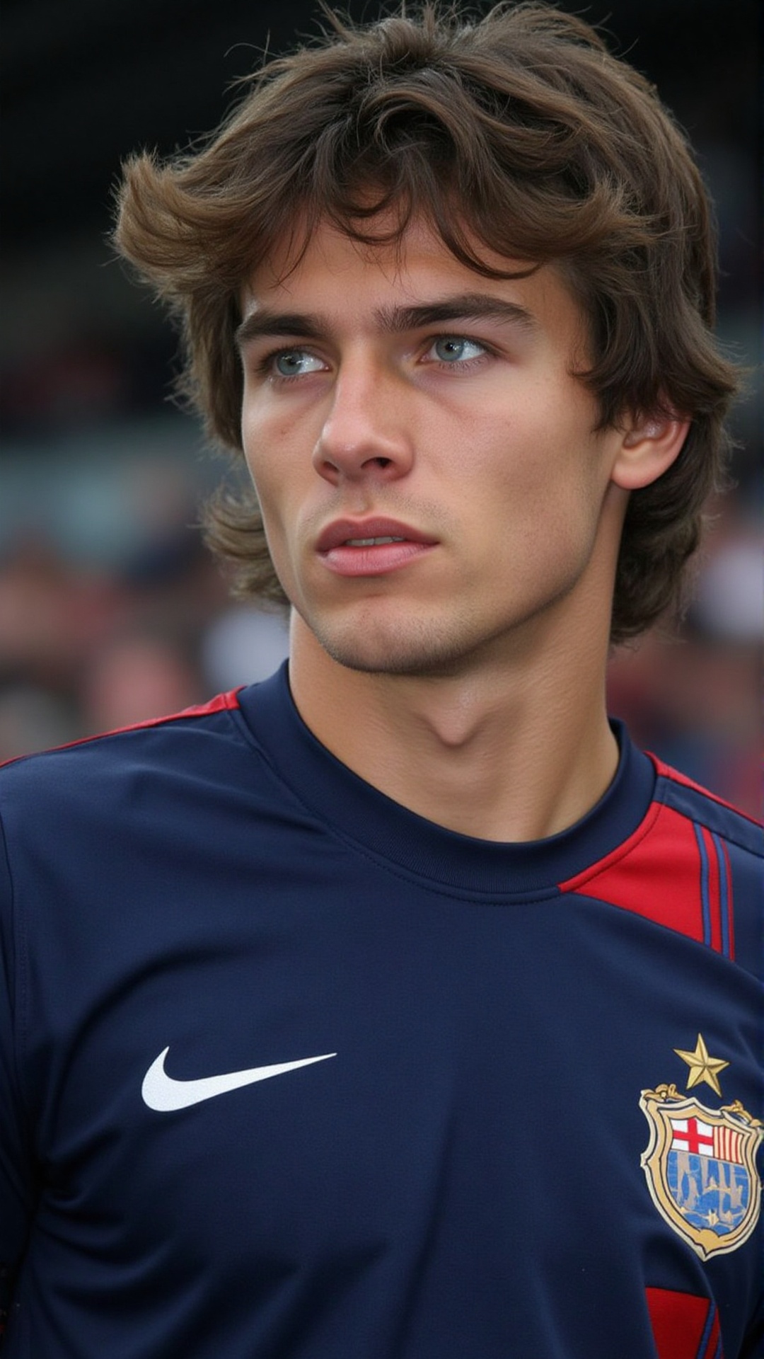 a 2000s paparazzi photo of a 18 years old handsome young man,  he is wearing a tight dark blue soccer jersey. He is very a...