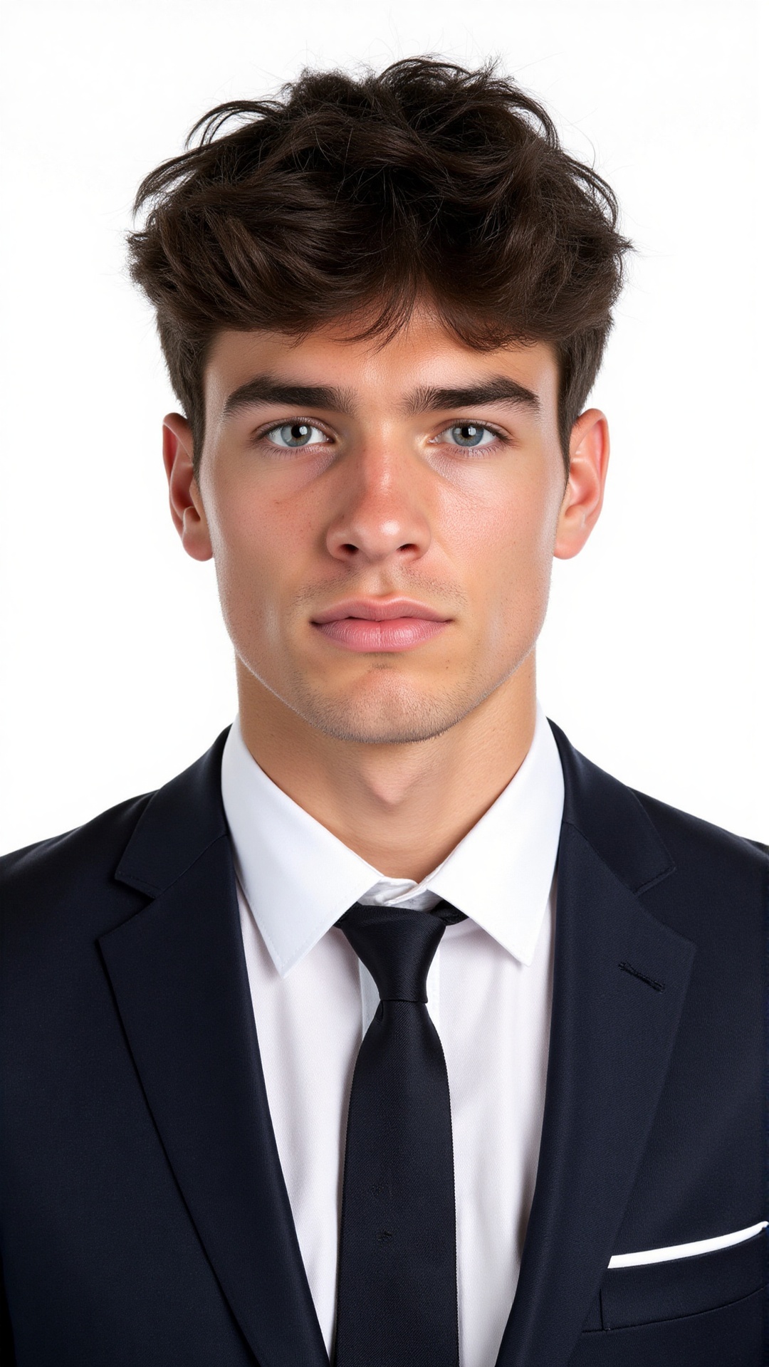an ID photo of a young man dressed in formal business attire. He has short dark hair,  thick eyebrows,  blushed cheeks on...