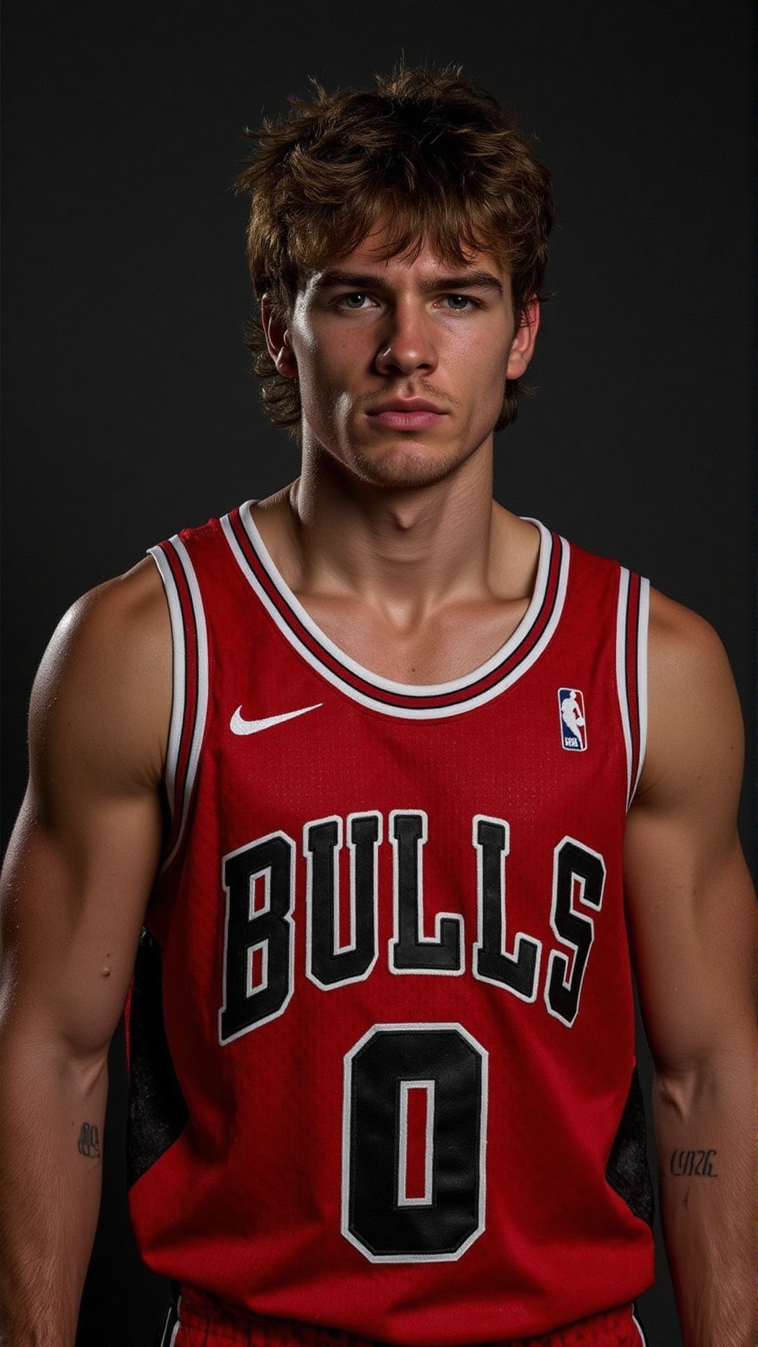 A stunning shot of a 20-year-old Caucasian basketball player,  drenched in sweat,  wearing a red Chicago Bulls NBA jersey...