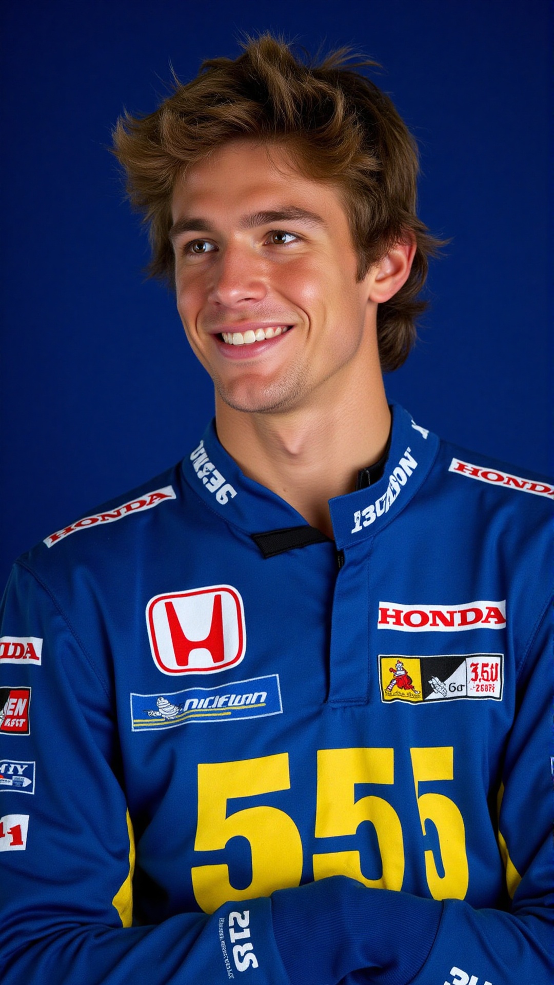 A confident young man with tousled brown hair and light stubble stands against a deep blue background with subtle yellow a...