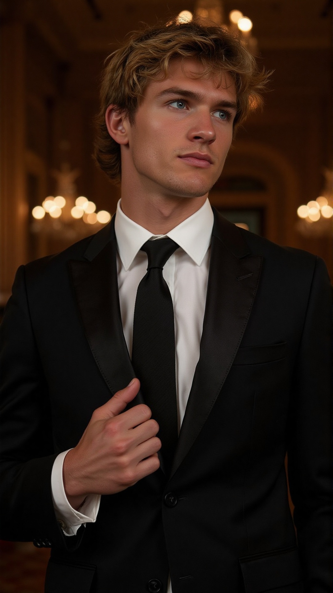 A young man with chiseled facial features,  striking blue eyes,  and tousled dark blonde hair on Tensor.Art