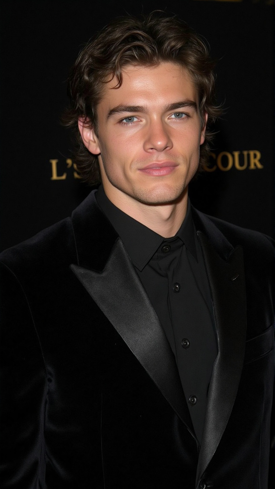 a 2000s paparazzi photo of a 18 years old handsome young man,  he is wearing a black velvet tuxedo by Gucci by Tom Ford. H...