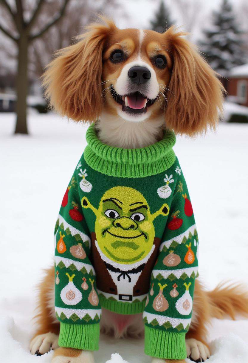 The image is a photograph featuring a dog wearing a festive,  detailed knit sweater featuring Shrek. The sweater is adorne...