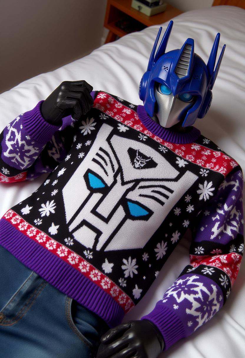 The image is a photograph featuring Optimus Prime wearing a festive,  detailed knit sweater featuring the autobot logo. Th...