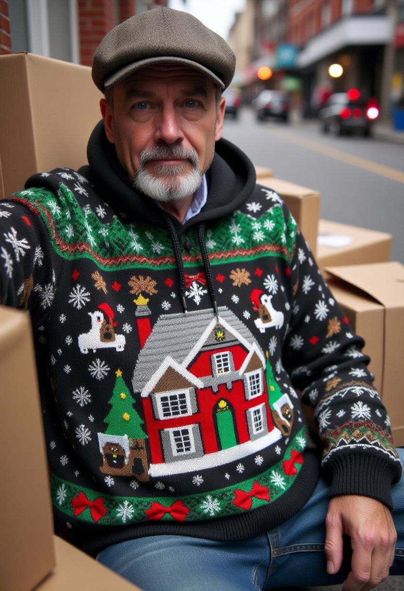 The image is a photograph featuring a homeless dirty unshaven man wearing a festive,  detailed knit sweater featuring the...
