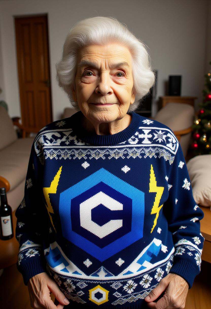 The image is a photograph featuring a wrinkly old grandmother wearing a festive,  detailed knit sweater featuring civitaiL...