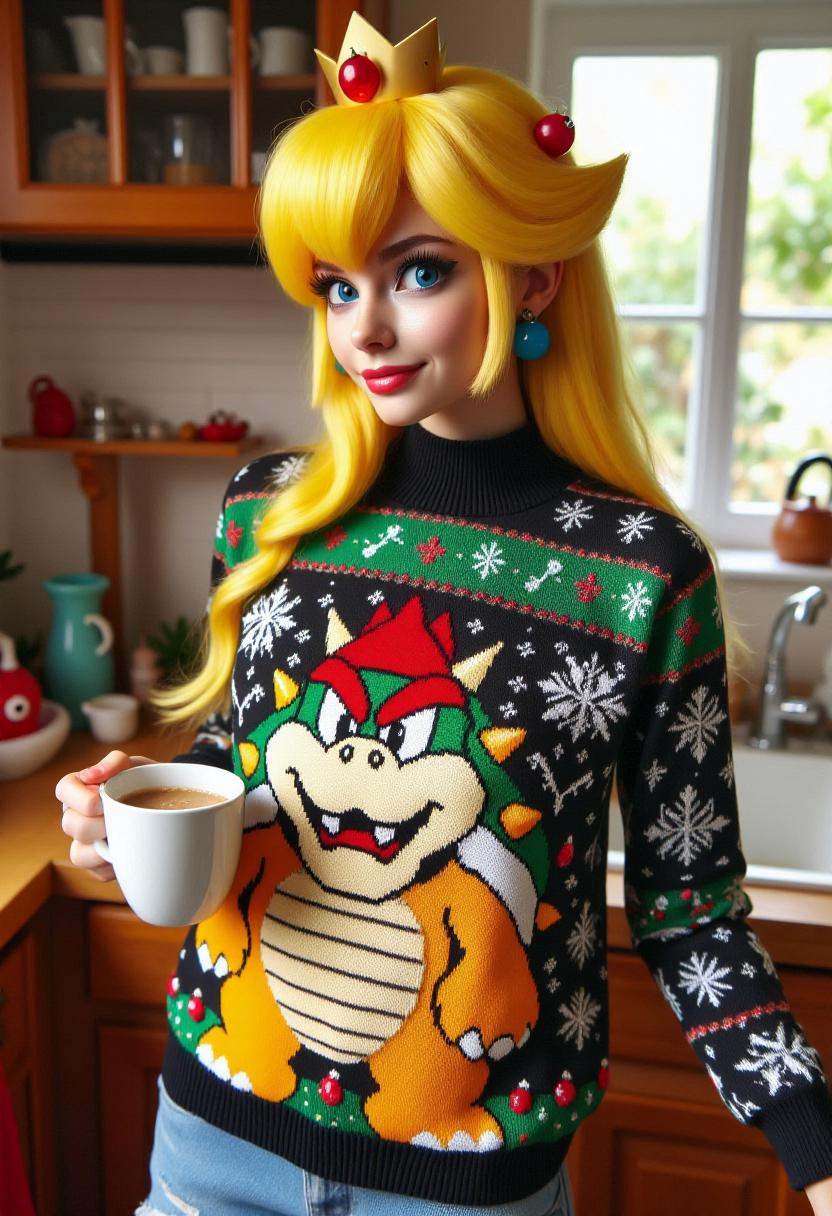 The image is a photograph featuring Princess Peach wearing a festive,  detailed knit sweater featuring the image of Bowser...