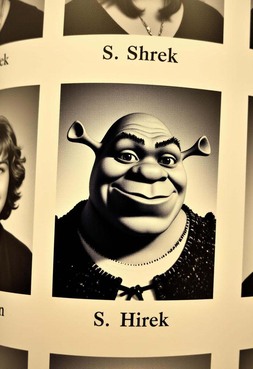 The image is a sepia-toned photograph of a high school yearbook page,  featuring a black and white portrait of Shrek,  ide...