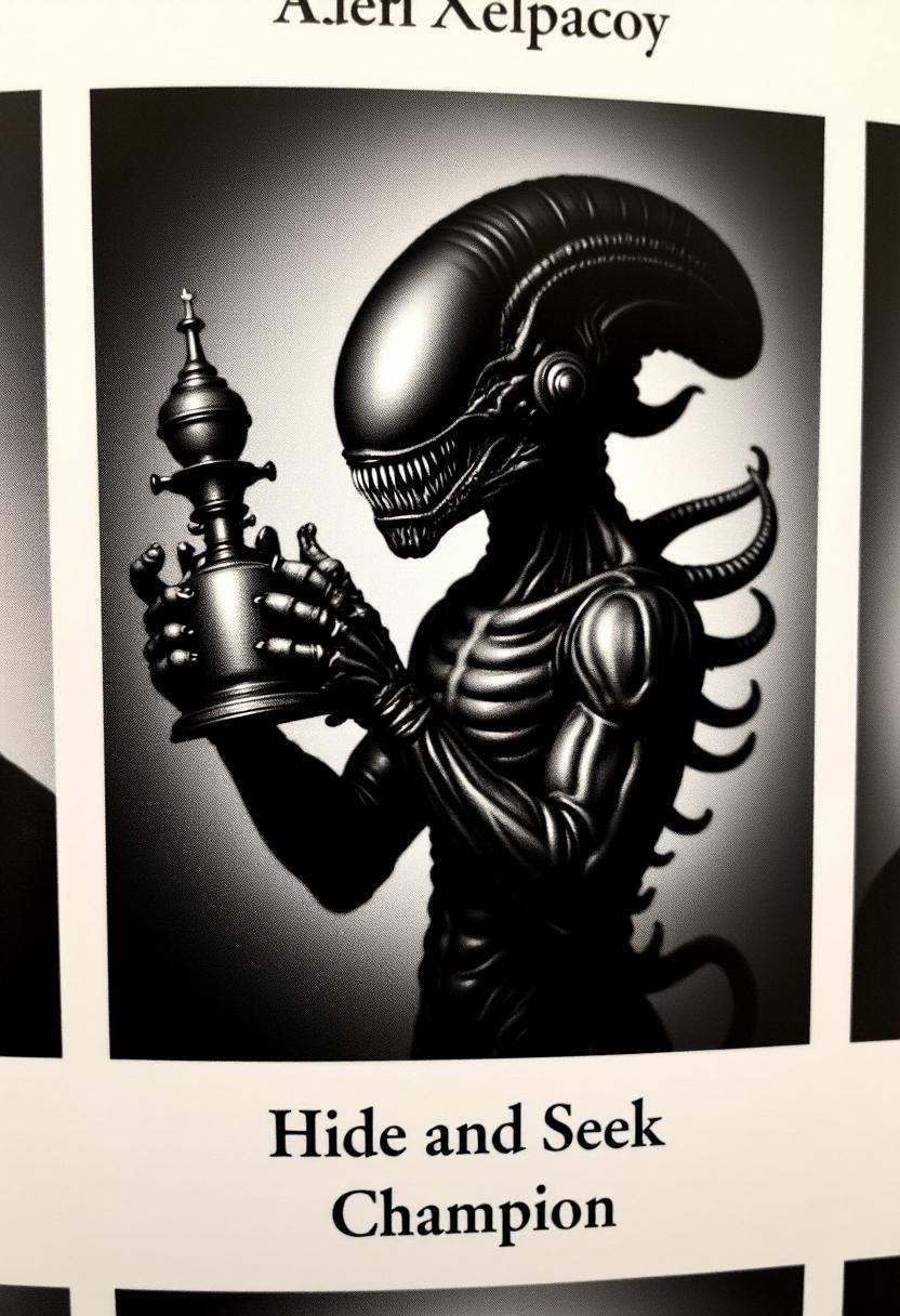 A yearbook photo of a Xenomorph holding a trophy with the caption "Hide and Seek Champion". on Tensor.Art