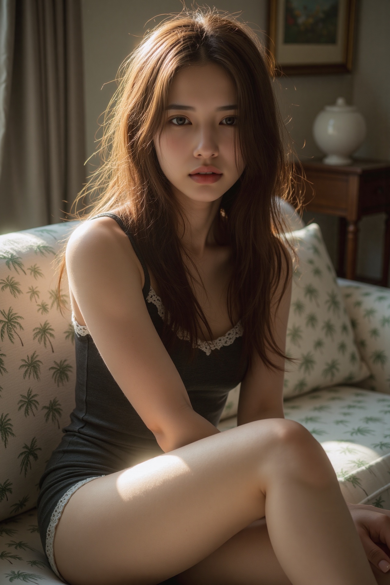 Visualize an exceptionally detailed photograph of a gorgeous and alluring young woman with captivating black eyes ,  red l...