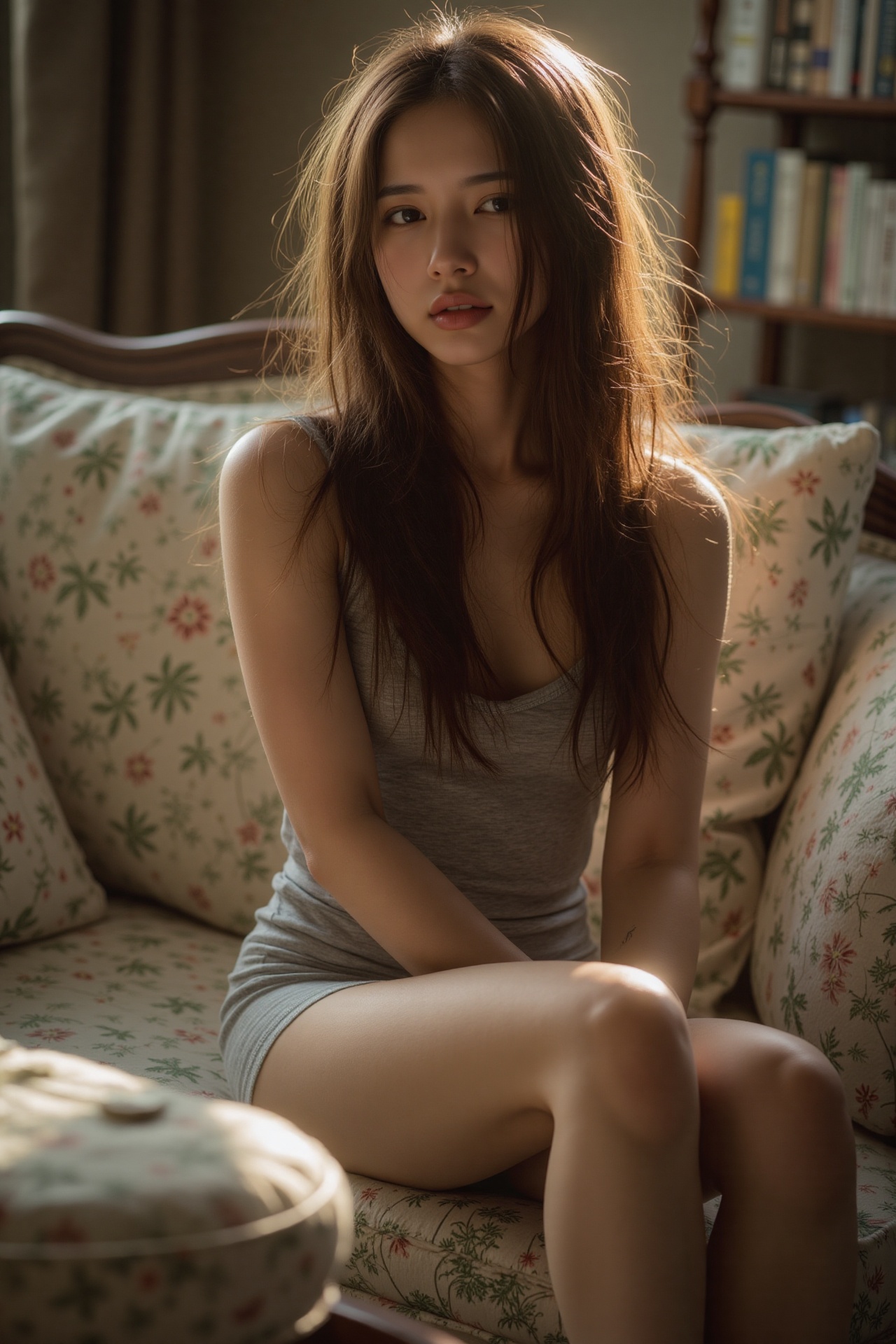 Visualize an exceptionally detailed photograph of a gorgeous and alluring young woman with captivating black eyes ,  red l...