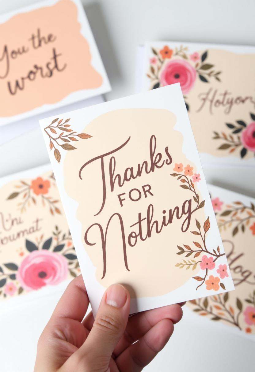 The image is a photograph showcasing a beautifully designed thank-you card held by a hand. The card features a warm,  invi...