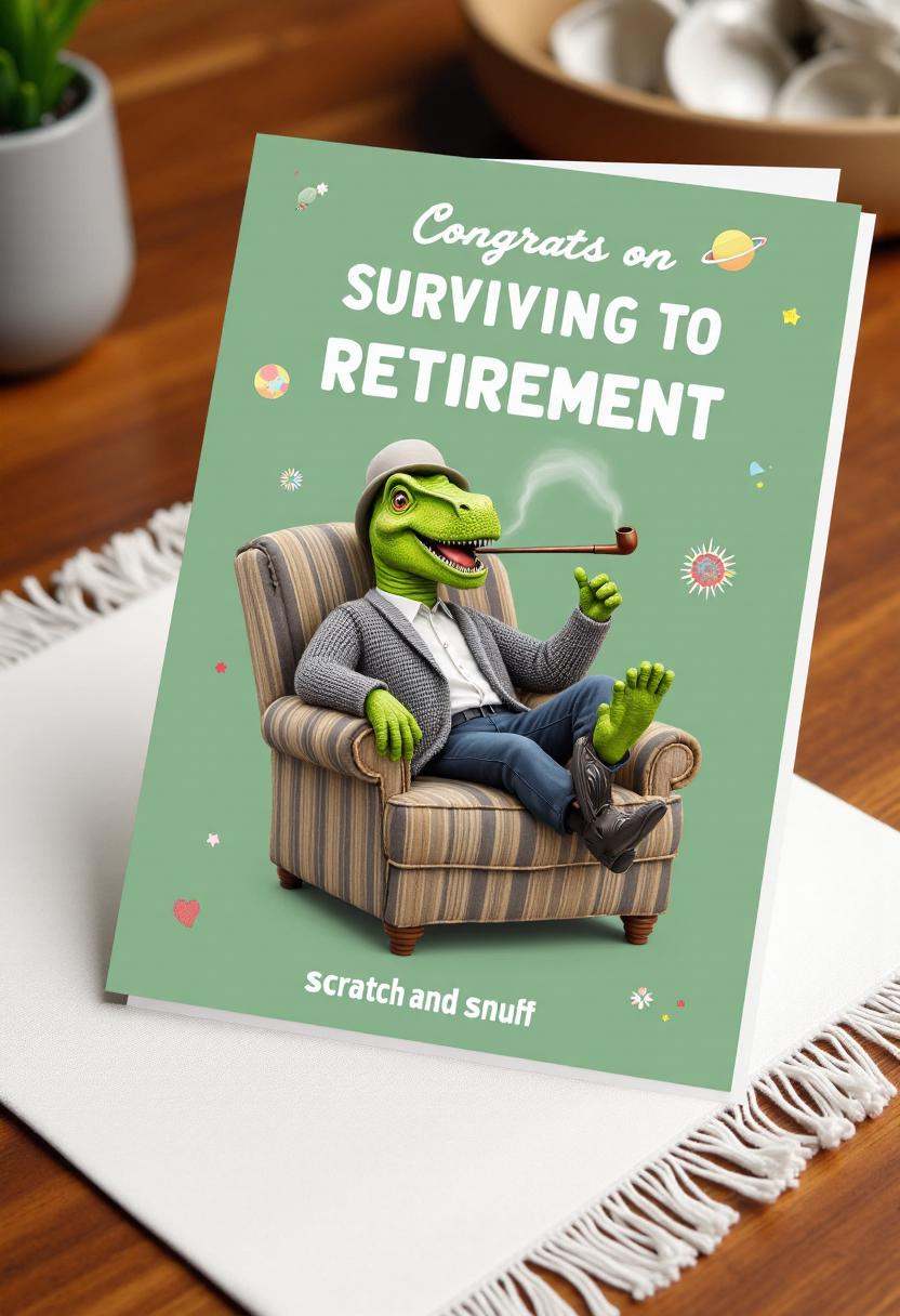 The image is a high-quality photograph of a greeting card designed for a humorous retirement party. The card features a di...