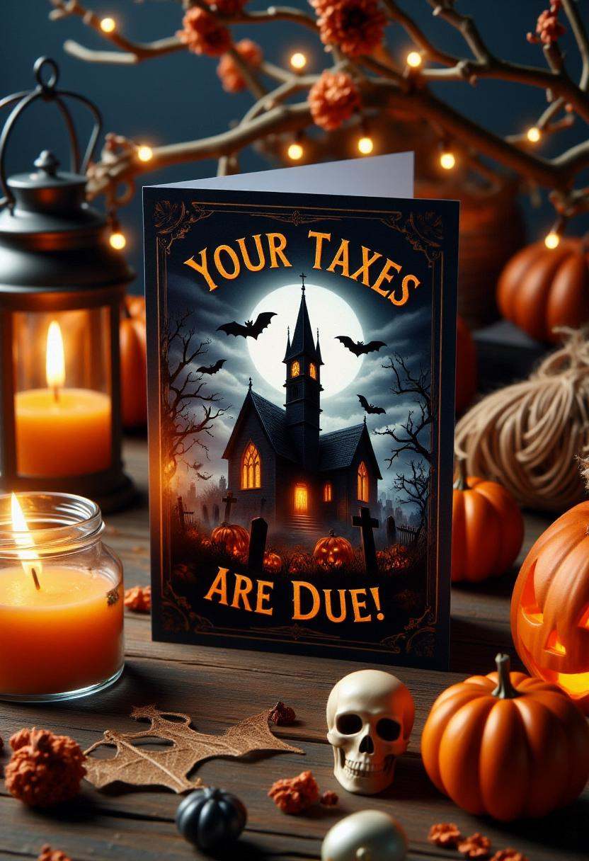 This is a photograph of a Halloween-themed scene,  showcasing a gothic-style greeting card featuring a spooky,  old church...