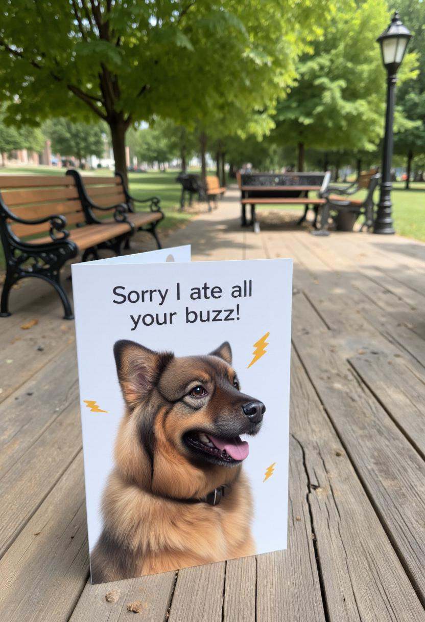 This image is a photograph of a greeting card featuring a highly realistic,  detailed illustration of liathedog and the te...