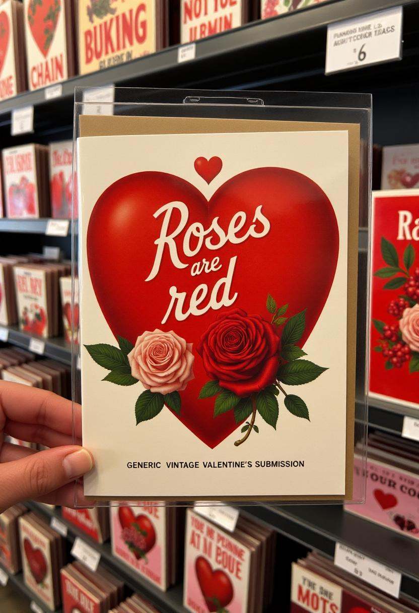 The image is a photograph of a Valentine's Day card displayed on a shelf in a store. The card features a heart with the te...