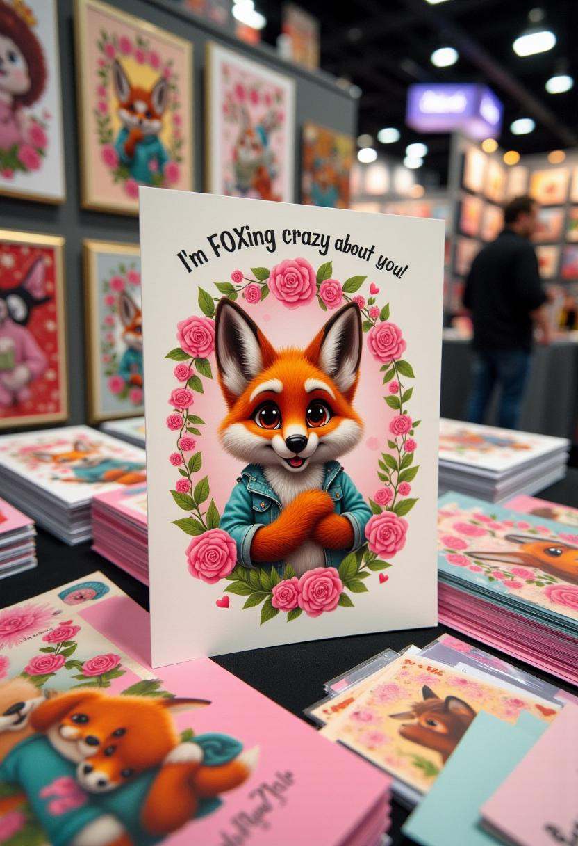 This image is a photograph taken at a comic convention or similar event,  showcasing a display of anthropomorphic art gree...