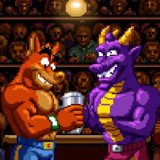 superpunchoutstyle,  crash bandicoot and spyro the dragon getting drunk in a bar on Tensor.Art