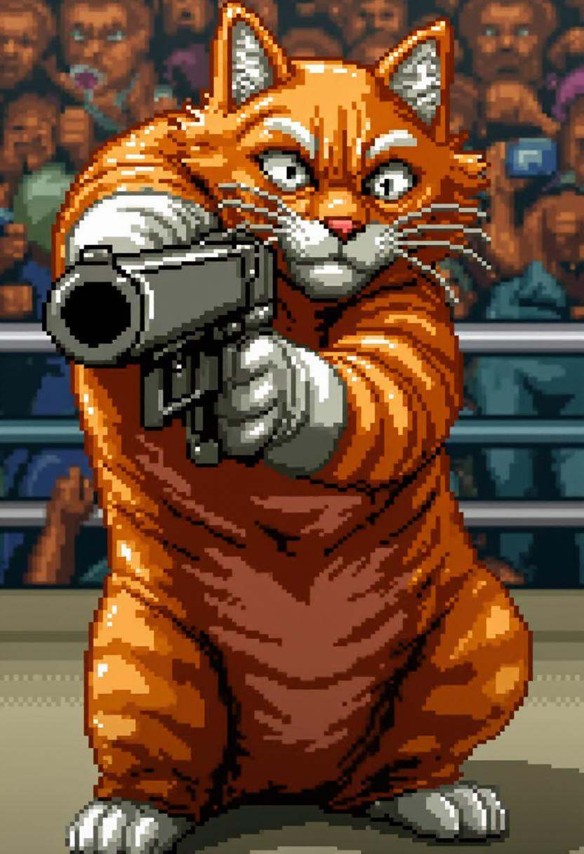 superpunchoutstyle,  a cat aiming a pistol at the viewer. on Tensor.Art
