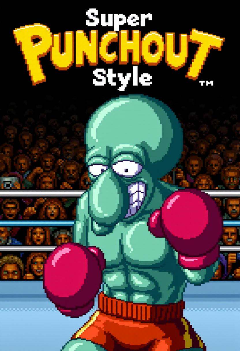 superpunchoutstyle,  Title screen for a boxing videogame with the title "Super Punchout Style" featuring Handsome Squidwar...