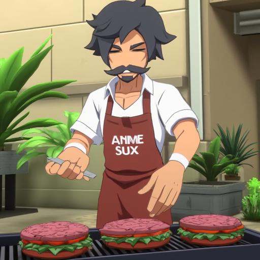 disgaea7style,  a man cooking hamburgers on a barbecue outside. He is wearing an apron that says "anime sux" on Tensor.Art
