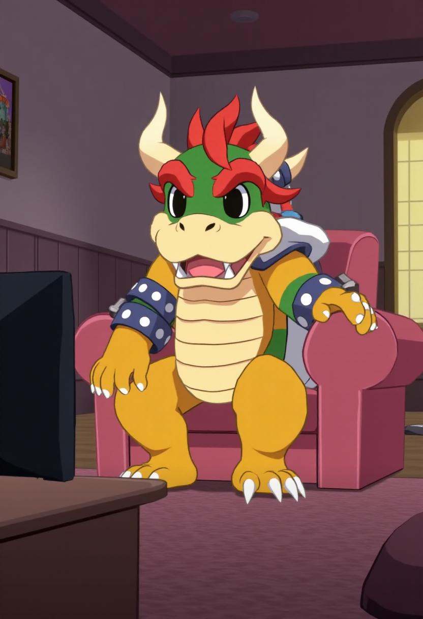 disgaea7style anime,  Bowser sitting on a couch,  watching TV. on Tensor.Art