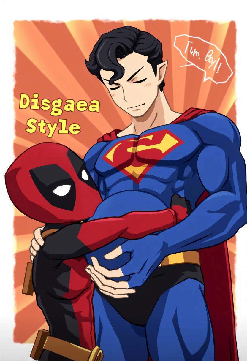 disgaea7style anime,  Deadpool caressing a pregnant Superman's belly. Title text: "Disgaea Style". Colorful anime backgrou...