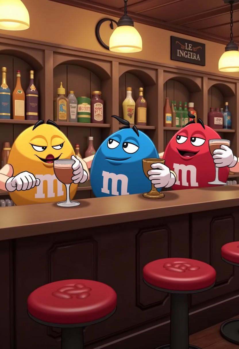 disgaea7style,  anime,  M&M mascots getting drunk at a bar on Tensor.Art