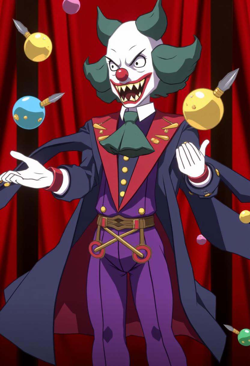 disgaea7style,  an evil clown juggling. anime background. on Tensor.Art