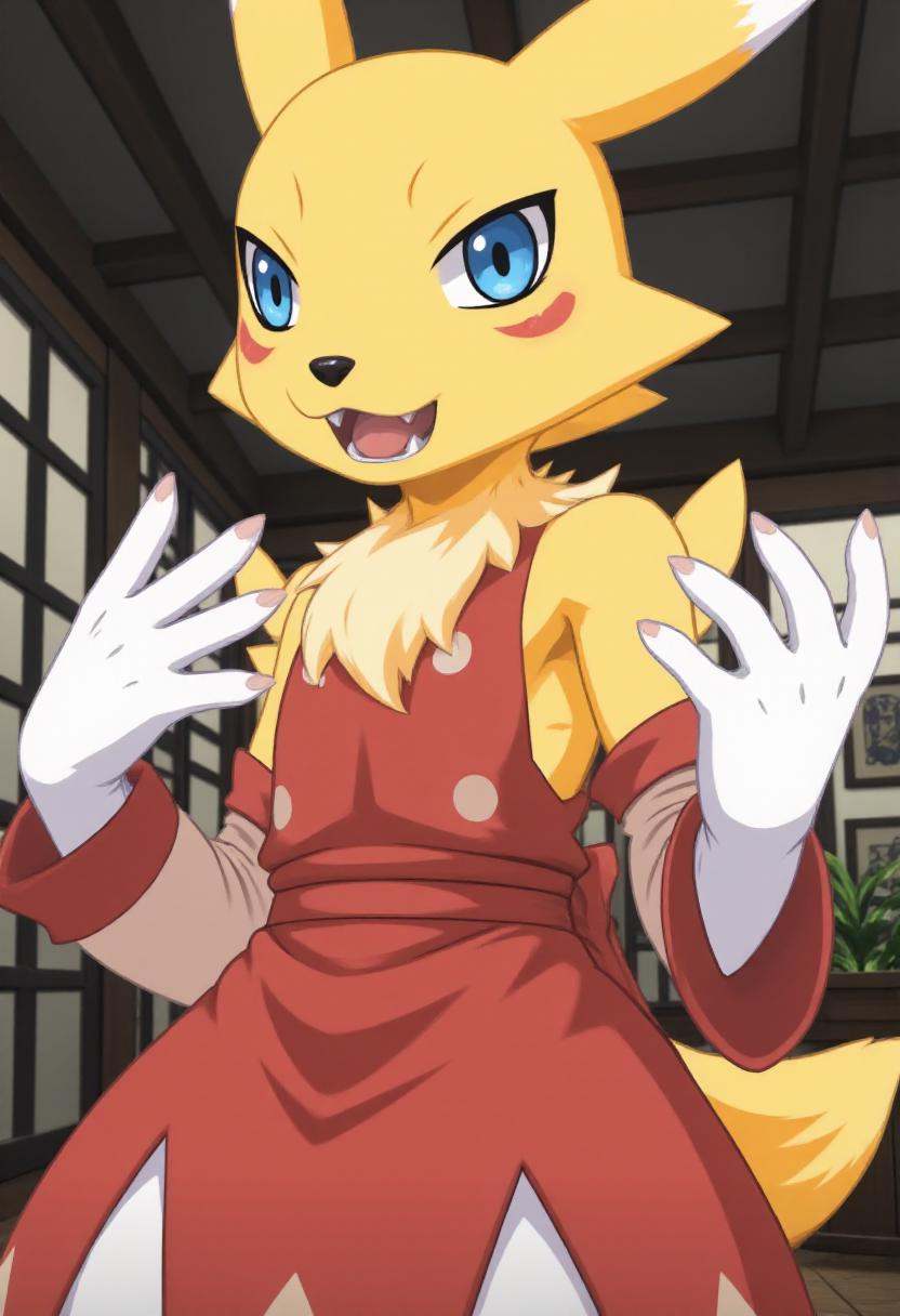 disgaea7style,  renamon,  digimon girl with yellow fur wearing a red dress on Tensor.Art