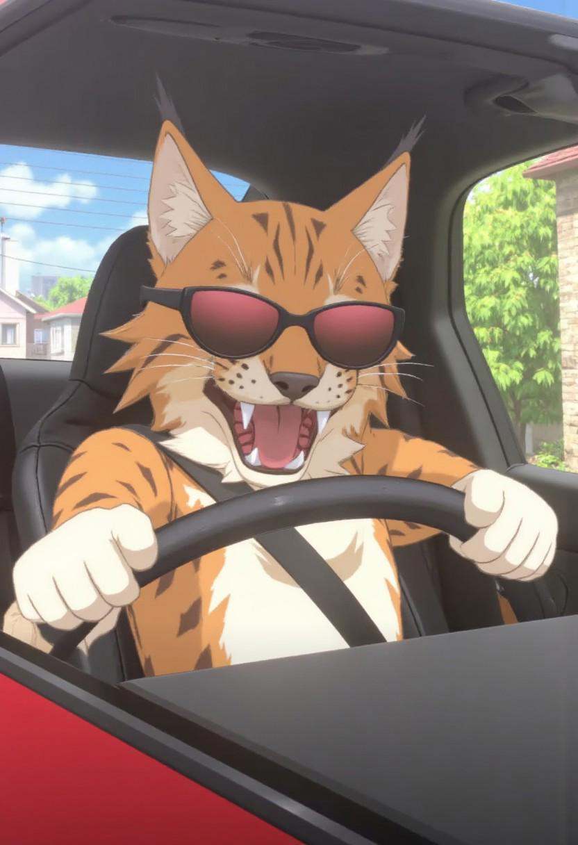 disgaea7style,  anime,  a eurasian lynx wearing sunglasses driving a sports car on Tensor.Art