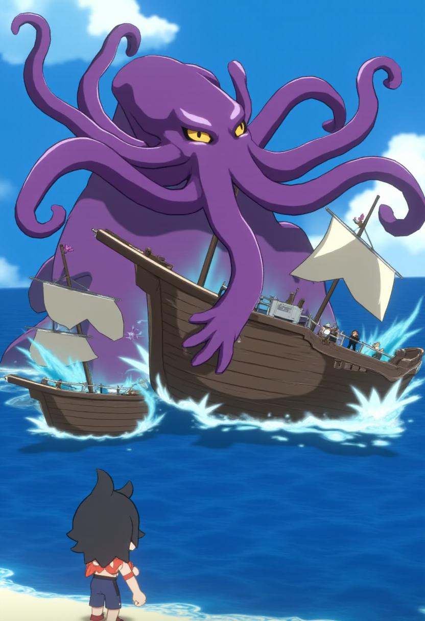 disgaea7style anime,  Cthulhu capsizing ships in the ocean. on Tensor.Art