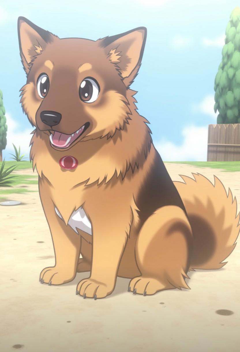 disgaea7style anime,  liathedog sitting with her mouth open and tongue out. outdoors background. Title text: "Lia" on Tens...