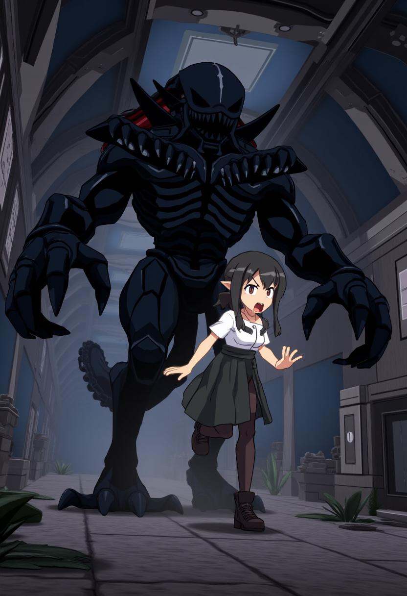 disgaea7style,  black Xenomorph chasing a scared woman through an anime derelict space station. on Tensor.Art
