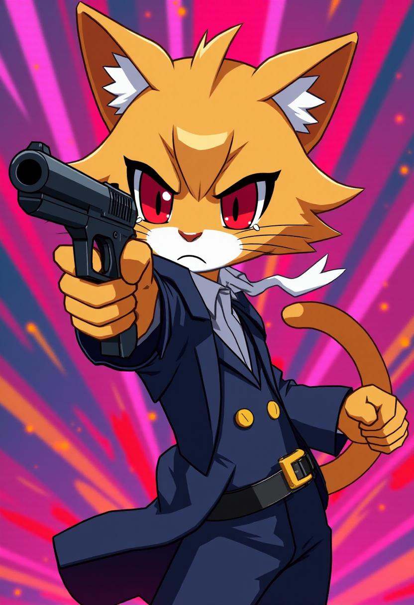disgaea7style,  a cat aiming a pistol at the viewer. colorful background. on Tensor.Art