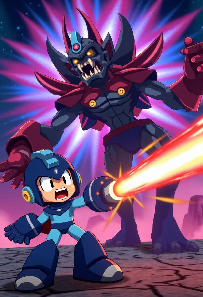 disgaea7style,  Megaman firing his arm laser at a monster. Futuristic background on Tensor.Art